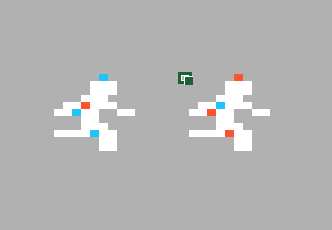The player sprite at two positions an odd number of columns apart: the dot on the head is blue in one and orange in the other